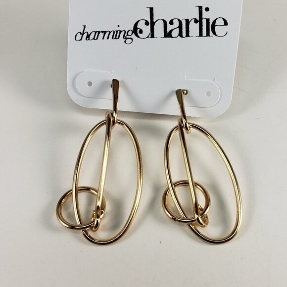 2/$30 Gold-tone Drop Dangle Double Hoop Design Earrings - 2" | 2/$30 |  Jewelry - Picture 1 of 10
